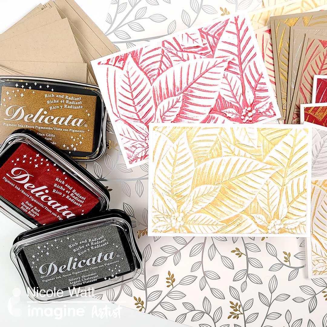 create multiple cards with delicata inkpads in gold silver and ruby red